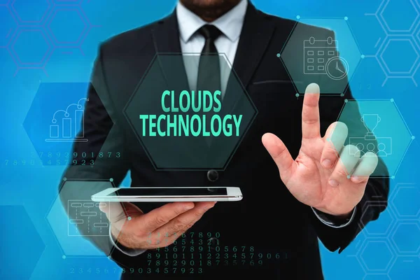 Handwriting text Clouds Technology. Business overview resources aretrieved from the internet through webbased Man In Office Uniform Standing Pressing Virtual Button Holding Tablet. — Zdjęcie stockowe