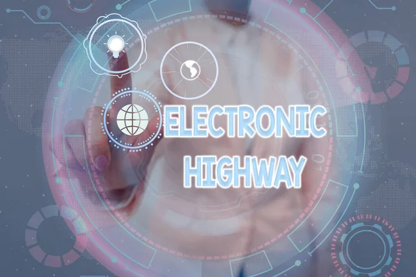 Handwriting text Electronic Highway. Internet Concept Digital communication system used in the road or highway Lady In Uniform Holding Tablet In Hand Virtually Tapping Futuristic Tech. — Photo