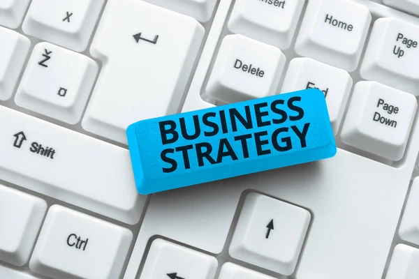 Conceptual caption Business Strategy. Business approach working plan of a business for achieving its vision Writing Comments On A Social Media Post, Typing Interesting New Article — Zdjęcie stockowe