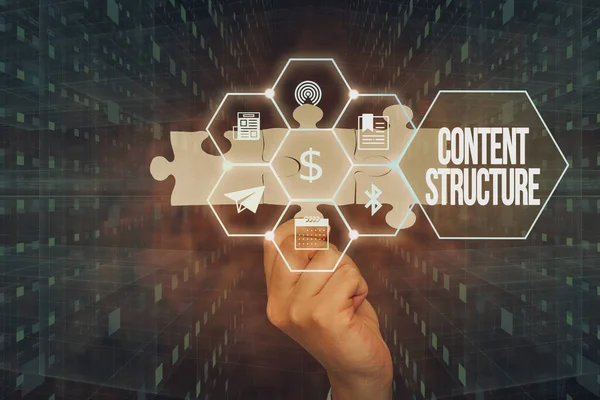 Text caption presenting Content Structure. Business approach information that is organized in a predictable way Hand Holding Jigsaw Puzzle Piece Unlocking New Futuristic Technologies. — Stock fotografie