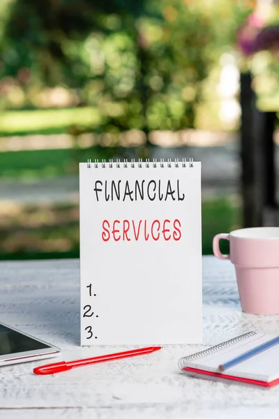 Inspiration showing sign Financial Services. Business idea economic services provided by the finance industry Outdoor Coffee And Refresment Shop Ideas, Cafe Working Experience — Foto Stock
