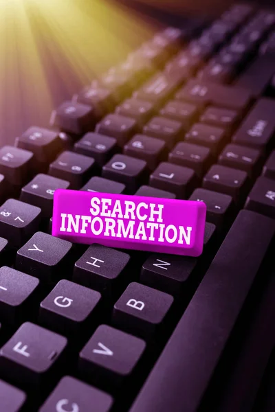 Text showing inspiration Search Information. Internet Concept the act or process of looking for someone or something Entering New Programming Codes, Typing Emotional Short Stories — Stockfoto
