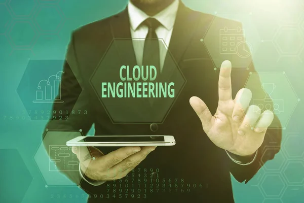 Sign displaying Cloud Engineering. Concept meaning application of engineering disciplines to cloud computing Man In Office Uniform Standing Pressing Virtual Button Holding Tablet. — Zdjęcie stockowe