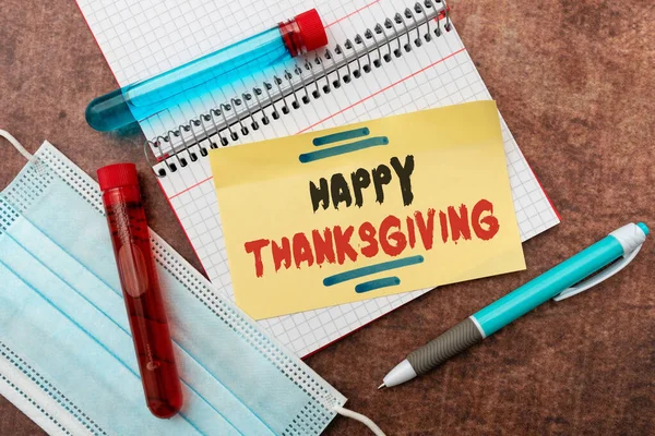 Hand writing sign Happy Thanksgiving. Business concept celebrating the harvest and blessings of the past year Writing Prescription Medicine Laboratory Testing And Analyzing Infections — Stockfoto