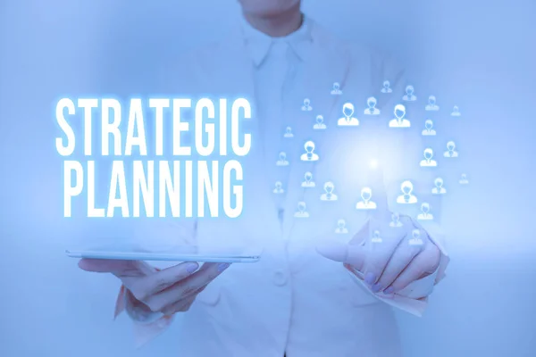 Text sign showing Strategic Planning. Word Written on systematic process of envisioning a desired future Lady Holding Tablet Pressing On Virtual Button Showing Futuristic Tech. — Zdjęcie stockowe