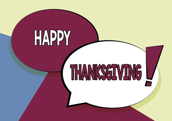 Writing displaying text Happy Thanksgiving. Business concept celebrating the harvest and blessings of the past year Two Colorful Overlapping Speech Bubble Drawing With Exclamation Mark. — Stock Fotó