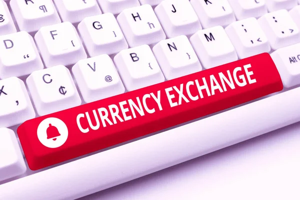 Conceptual caption Currency Exchange. Business overview rate at which one currency will be exchanged for another Entering Image Keyword And Description, Typing Word Definition And Meaning — Fotografia de Stock