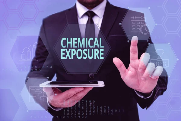 Sign displaying Chemical Exposure. Conceptual photo Touching, breathing, eating or drinking harmful chemicals Man In Office Uniform Standing Pressing Virtual Button Holding Tablet. — Fotografia de Stock