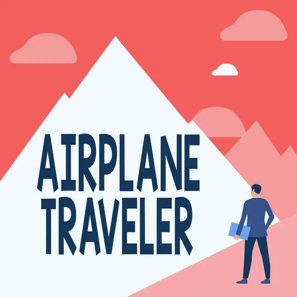 Hand writing sign Airplane Traveler. Business overview the action or process of making a journey by aircraft Gentleman In Suit Standing Holding Notebook Facing Tall Mountain Range. — Fotografia de Stock