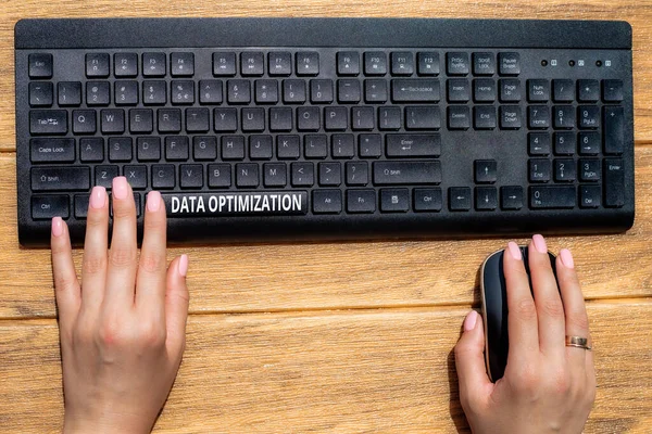 Text sign showing Data Optimization. Business approach process that prepares the logical schema from data view Hands Pointing Pressing Computer Keyboard Keys Typewriting New Ideas. — Fotografia de Stock