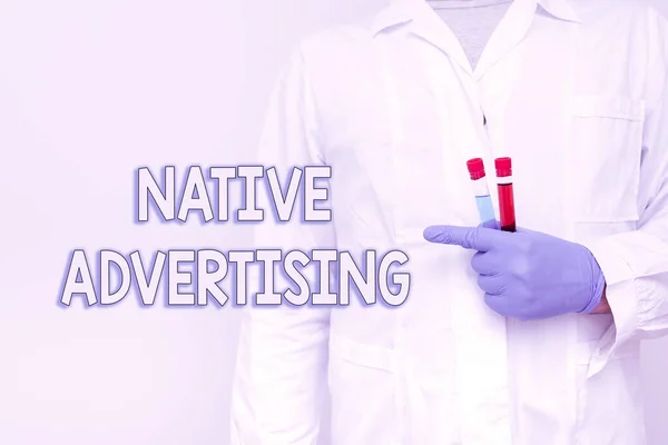 Text caption presenting Native Advertising. Word for paid media where the ad experience follows the usual form Chemist Presenting Infection Cure, Doctor Displaying Virus Vaccine — Stock Fotó