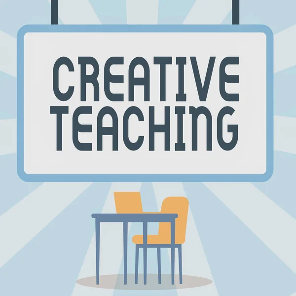 Sign displaying Creative Teaching. Word Written on making something fine out of learning situations Blank Whiteboard With Laptop Placed On Top Of Table With Chair. — Fotografia de Stock