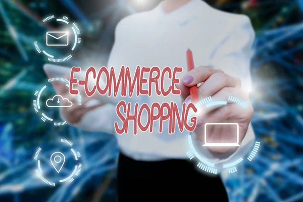 Text caption presenting E Commerce Shopping. Business concept directly buy goods or service from a seller over the web Lady In Uniform Holding Tablet In Hand Virtually Typing Futuristic Tech. — Stockfoto