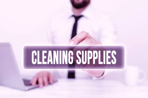 Sign displaying Cleaning Supplies. Business concept substances usually liquids used to remove dirt and dust Remote Office Work Online Presenting Business Plan And Designs — Zdjęcie stockowe