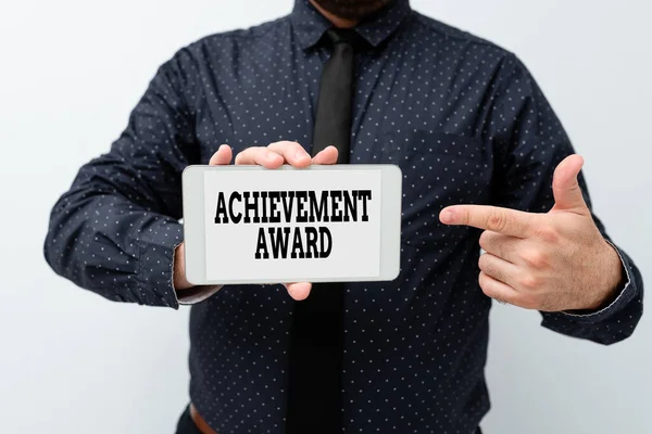 Conceptual caption Achievement Award. Business showcase recognizes worthy and outstanding achievement in job skill Presenting New Technology Ideas Discussing Technological Improvement — Fotografia de Stock