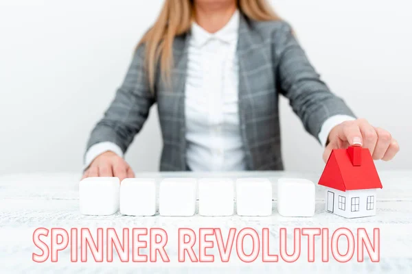 Text caption presenting Spinner Revolution. Business idea a toy that help relieve stress and cope with anxiety A Young Lady Orbusinesswoman Holding Orpresenting Home In Business Outfit — Zdjęcie stockowe