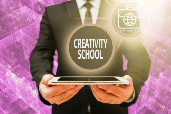 Sign displaying Creativity School. Word for students are able to use imagination and critical thinking Man In Office Uniform Holding Tablet Displaying New Modern Technology. — Fotografia de Stock