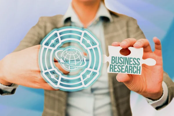 Sign displaying Business Research. Concept meaning process of acquiring detailed information of the business Business Woman Pointing Jigsaw Puzzle Piece Unlocking New Futuristic Tech. — Zdjęcie stockowe