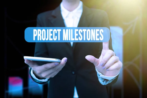 Text showing inspiration Project Milestones. Word for duration that shows an important achievement in a project Lady In Uniform Holding Phone Pressing Virtual Button Futuristic Technology. — Stockfoto