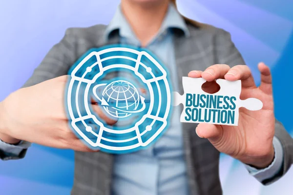 Conceptual display Business Solution. Business approach ideas used to help a company achieve its objectives Business Woman Pointing Jigsaw Puzzle Piece Unlocking New Futuristic Tech. — Stockfoto
