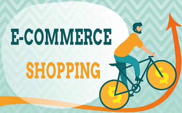 Conceptual caption E Commerce Shopping. Word for directly buy goods or service from a seller over the web Man Drawing Riding Bicycle With Dollar Sign Wheels Going Upward. — Fotografia de Stock