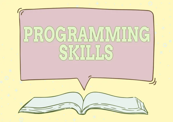 Escribir mostrando habilidades de programación de texto. Habilidades de enfoque de negocios vitales para escribir un programa para que la computadora pueda procesar la ilustración de libro abierto con la burbuja del habla Presentando una cita Mensaje Noticias. —  Fotos de Stock