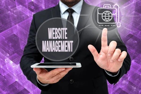 Text sign showing Website Management. Business showcase control of the hardware and software used in a website Man In Office Uniform Standing Pressing Virtual Button Holding Tablet. — Stock Photo, Image