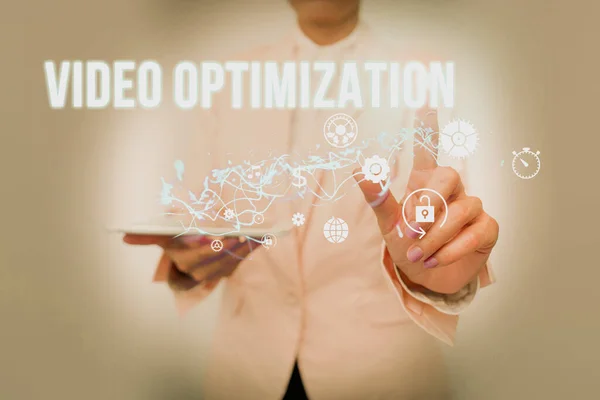 Writing displaying text Video Optimization. Business overview to ensure or improve consumer viewing experience Lady In Suit Holding Phone And Performing Futuristic Image Presentation. — Zdjęcie stockowe