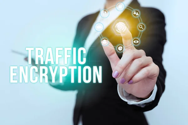 Text sign showing Traffic Encryption. Business overview method of securing the transmission of information Woman In Uniform Carrying Phone And Tapping Futuristic Display. — Stockfoto