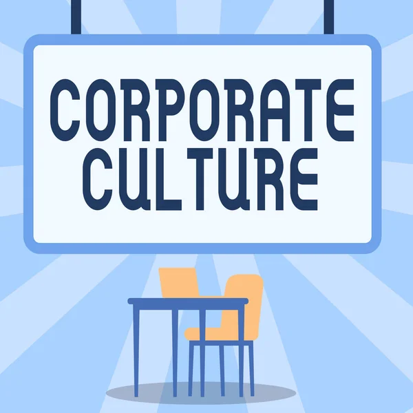 Text showing inspiration Corporate Culture. Conceptual photo beliefs and attitudes that characterize a company Blank Whiteboard With Laptop Placed On Top Of Table With Chair. — Stock Fotó