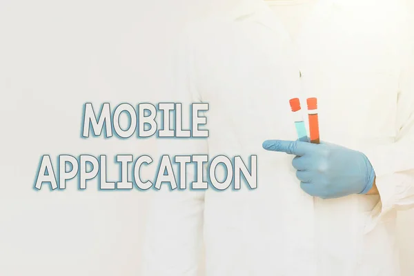 Text sign showing Mobile Application. Business showcase application software designed to run on a mobile device Chemist Presenting Infection Cure, Doctor Displaying Virus Vaccine — Φωτογραφία Αρχείου