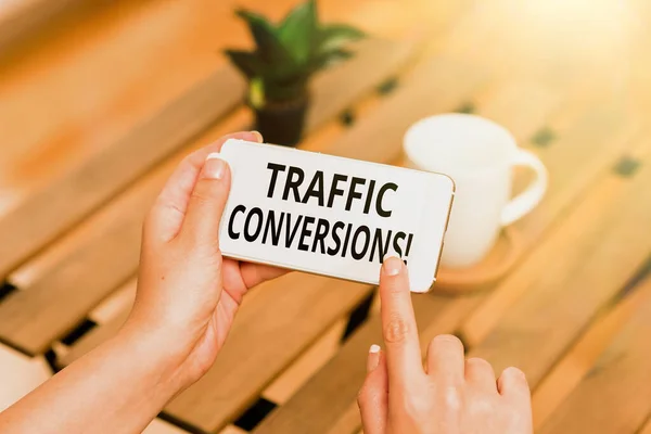 Sign displaying Traffic Conversions. Business concept visitor who has been converted into a client or customer Voice And Video Calling Capabilities Connecting People Together — стоковое фото