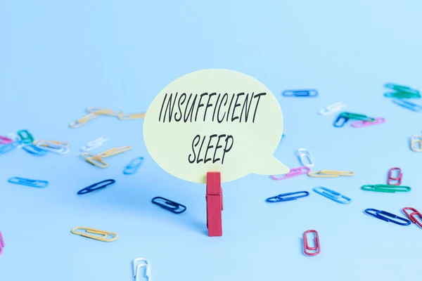 Text showing inspiration Insufficient Sleep. Word Written on condition of not having enough sleep or nap deprivation Colorful Office Supplies Bright Workplace Stuff Workshop Materials — Foto de Stock