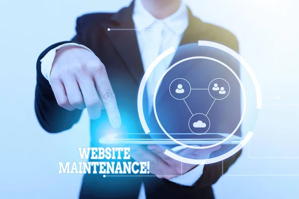 Text caption presenting Website Maintenance. Business showcase act of regularly checking your website for issues Lady In Suit Pointing On Tablet Showing Futuristic Graphic Interface. — Foto de Stock