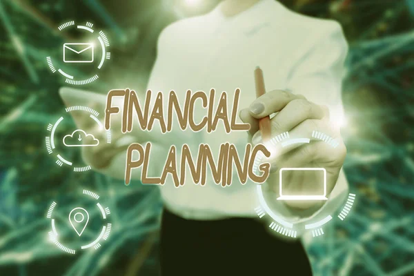 Handwriting text Financial Planning. Internet Concept determining how a business will afford to achieve goal Lady In Uniform Holding Tablet In Hand Virtually Typing Futuristic Tech. —  Fotos de Stock