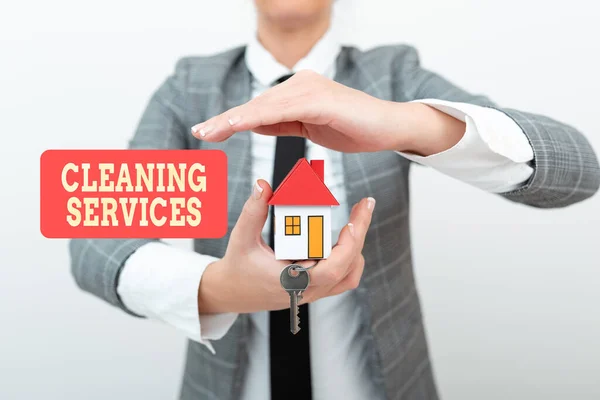 Conceptual caption Cleaning Services. Conceptual photo perform a variety of cleaning and maintenance duties Allocating Savings To Buy New Property, Saving Money To Build House — Foto de Stock