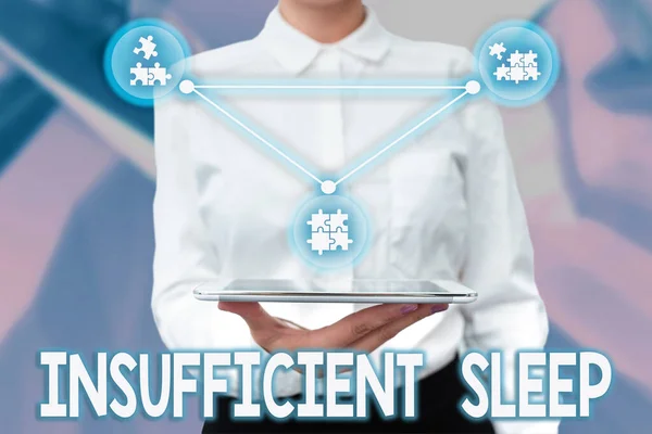 Sign displaying Insufficient Sleep. Internet Concept condition of not having enough sleep or nap deprivation Lady Uniform Standing Tablet Hand Presenting Virtual Modern Technology — ストック写真