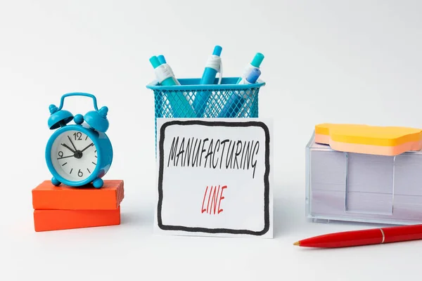 Inspiration showing sign Manufacturing Line. Concept meaning set of sequential operations established in a factory Tidy Workspace Setup Writing Desk Tools And Equipment Time Management — Foto de Stock