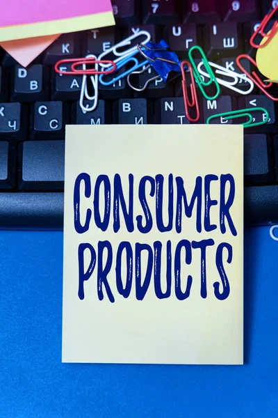 Text showing inspiration Consumer Products. Business showcase goods bought for consumption by the average consumer Multiple Assorted Collection Office Stationery Photo Placed Over Table — Stok fotoğraf