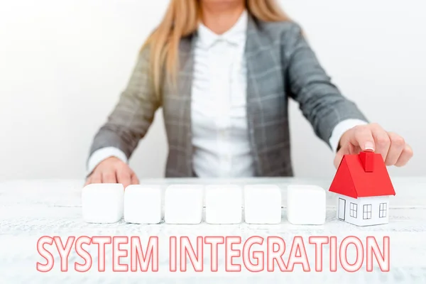 Sign displaying System Integration. Business concept process of bringing together the component subsystem A Young Lady Orbusinesswoman Holding Orpresenting Home In Business Outfit — ストック写真