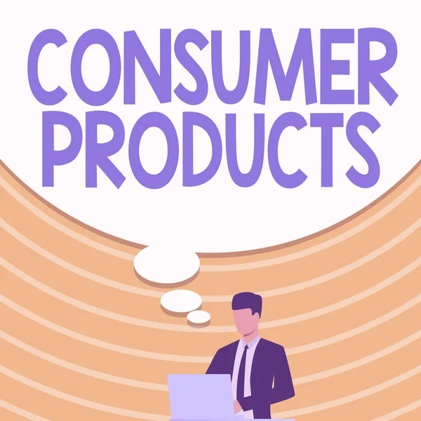 Conceptual display Consumer Products. Business concept goods bought for consumption by the average consumer Businessman In Suit Drawing Using Laptop With Large Idea Bubble.