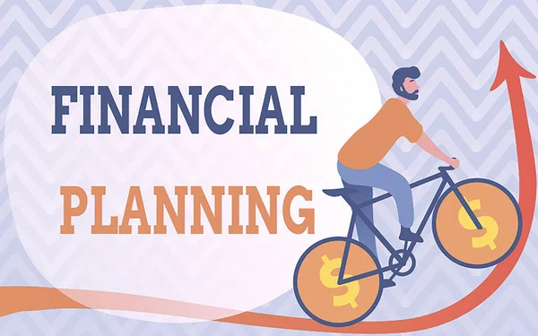 Conceptual display Financial Planning. Concept meaning determining how a business will afford to achieve goal Man Drawing Riding Bicycle With Dollar Sign Wheels Going Upward.