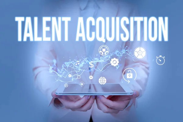 Inspiration showing sign Talent Acquisition. Internet Concept process of finding and acquiring skilled human labor Lady In Suit Holding Phone And Performing Futuristic Image Presentation.