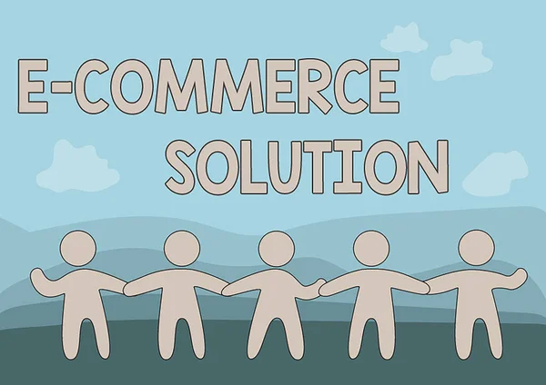Sign displaying E Commerce Solution. Business idea Software used by business in selling products online Five Standing People Drawing Holding Hands Showing Team Support. — Φωτογραφία Αρχείου
