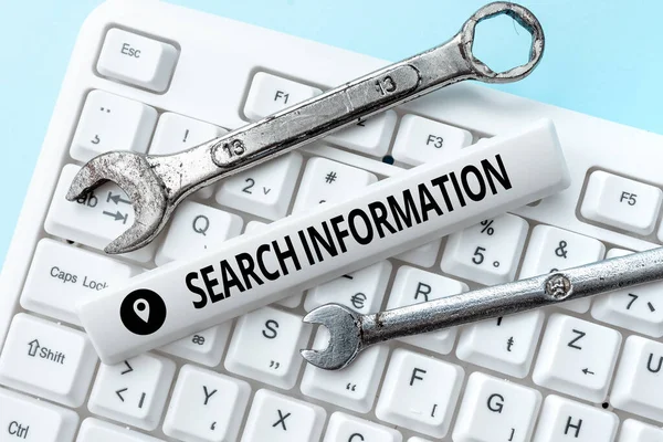 Tekst bijschrift presenteren Search Information. Zakelijke aanpak van de handeling of het proces van het zoeken naar iemand of iets Internet Browsing And Online Research Study Doing Maintenance And Reparairs — Stockfoto