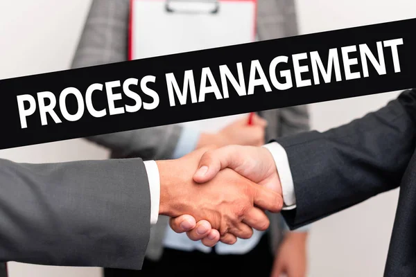 Conceptual caption Process Management. Business showcase aligning processes with an organization s is strategic goals Two Professional Well-Dressed Corporate Businessmen Handshake Indoors — Stockfoto