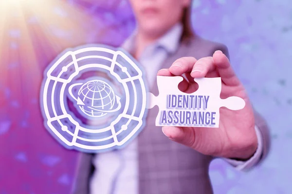 Conceptual caption Identity Assurance. Conceptual photo degree of confidence in electronic identification Business Woman Holding Jigsaw Puzzle Piece Unlocking New Futuristic Tech. — Stockfoto