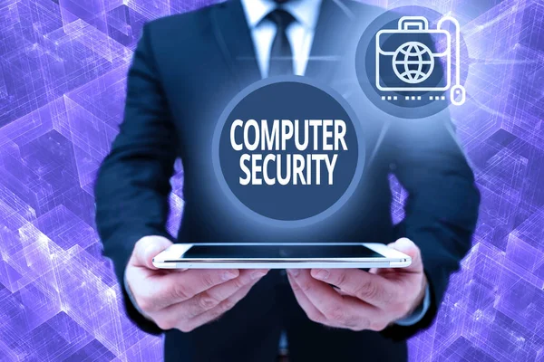 Text sign showing Computer Security. Business idea protection of computer systems from theft or damage Man In Office Uniform Holding Tablet Displaying New Modern Technology. — Foto Stock