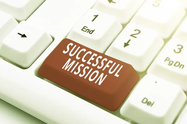 Text sign showing Successful Mission. Business showcase complete fulfilment of all objectives of a space mission Fixing Internet Problems Concept, Sending Error Report Online — Foto de Stock