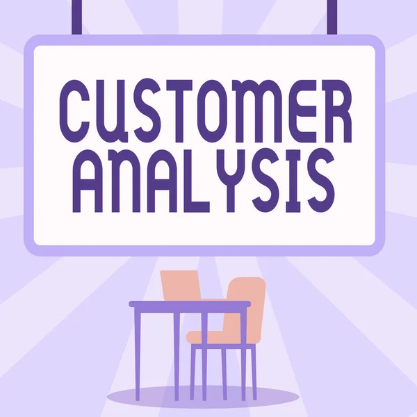 Conceptual display Customer Analysis. Business approach systematic examination of a company s is customer information Blank Whiteboard With Laptop Placed On Top Of Table With Chair. — Foto Stock